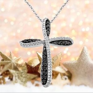 Black and White Cubic Zirconia Cross, Black and White Rhinestone Cross Necklace